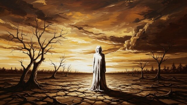 A solitary figure stands in a desolate, cracked earth landscape under a dramatic, fiery sky, evoking themes of environmental devastation and existential solitude