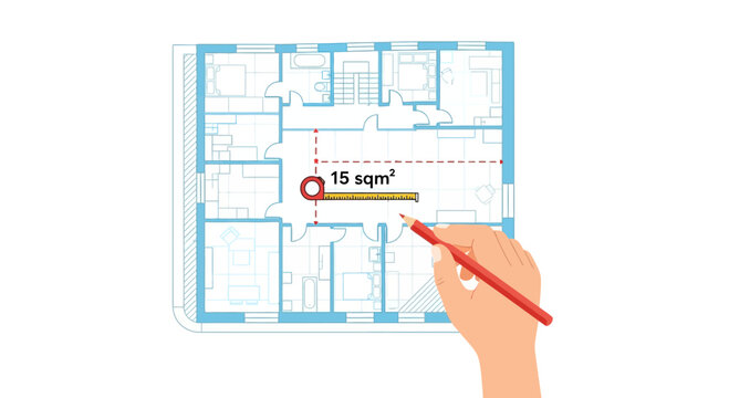 Blueprint for a 15 sqm room, house plan, hand with pencil