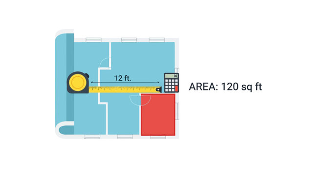 Blueprint Measuring Room Area with Tape Measure and Calculator