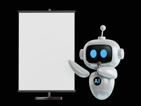 3D illustration of ai robot with Blank Board as Presentation of Information.3D rendering on black Screen for footage and clipping path.