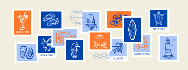 Vintage summer Italian Mediterranean coastal postage stamp set. Hand drawn vector illustration. Amalfi crayon sketch beach vacation design. © pim