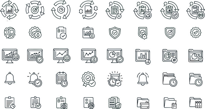 Business workflow analytics monitoring approval notification document management outline vector icon set