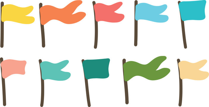 Set of 10 colorful flags on poles vector illustration. Each flag is presented in a bright color palette including yellow, orange, coral, blue, teal, green, and beige tones.