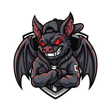 Aggressive bat mascot wearing cap and jacket