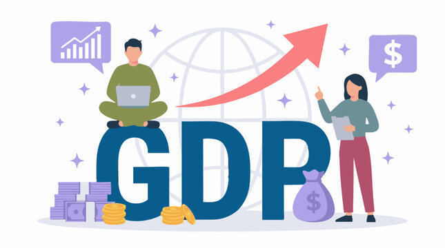 Global Economic Growth and GDP Concept Illustration with Characters and Money