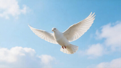Obraz premium Close-Up of White Dove in Flight with Soft Blue Sky Background