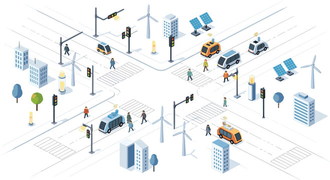 A high-angle isometric perspective reveals a busy smart city intersection featuring autonomous vehicles, pedestrian crossings, wind turbines, and sustainable solar power energy sys