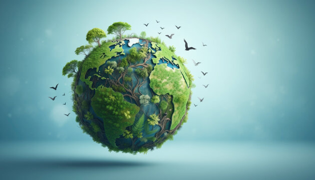 Green globe sculpture made of lush trees and foliage symbolizing environmental conservation and eco friendly planet sustainable ecosystem and nature protection concept on blue background