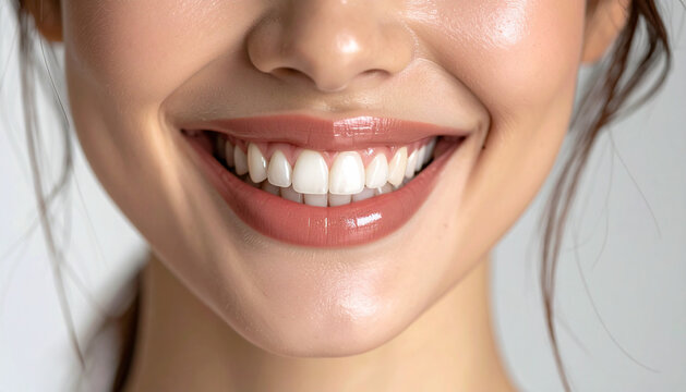 Extreme close up of smiling female with glossy lips and perfect white teeth showcasing oral hygiene dental care health wellness and beauty concept for dentistry or cosmetic advertising