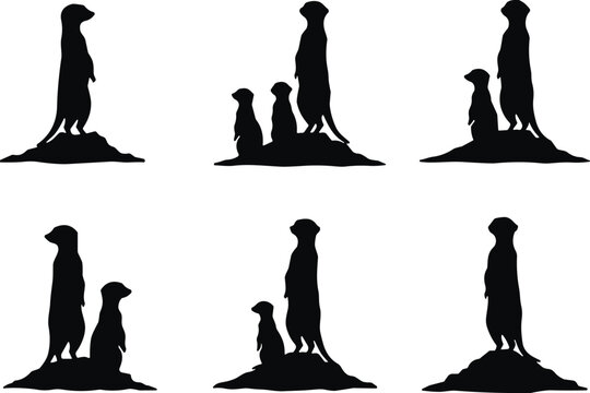 Meerkat silhouette collection with standing family poses on mounds, black wildlife animal icons set isolated on white background, cad drawing flat vector illustration.