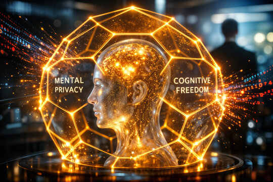 Mental Privacy and Cognitive Freedom concept with frosted glass human head protected by glowing golden hexagonal barriers symbolizing neuro-rights brain data protection and BCI security legislation
