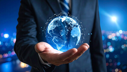 Fototapeta premium Businessman holding glowing digital earth globe with global network connections for international business marketing strategy telecommunication and worldwide corporate partnership concept