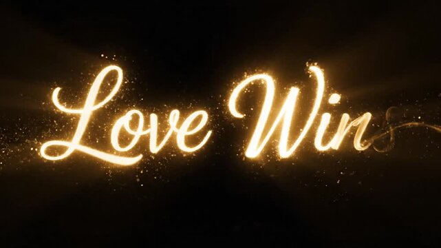Golden glowing text that says "Love Wins" on a black background with sparkling particles.