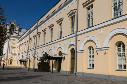 The main entrance to the State Academic Maly Theater with a monument to A.N.Ostrovsky. Moscow, Russia