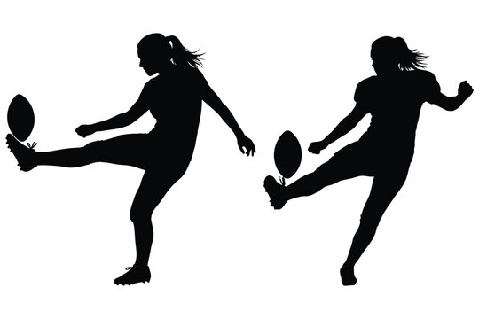 Australian Rules Football Players Silhouette Kicking Ball Against White Background