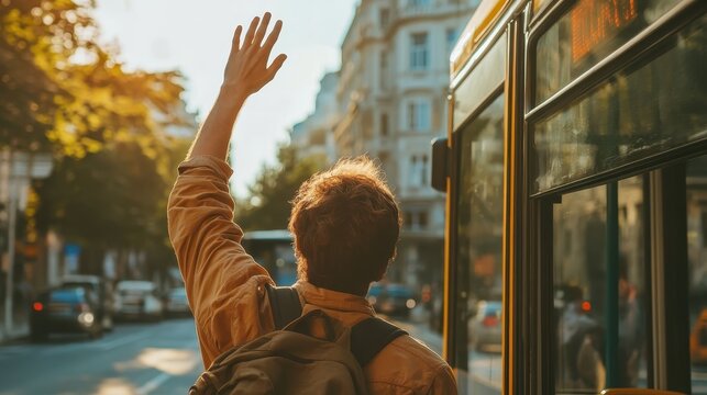 Young person waving goodbye at bus stop during golden hour sunset