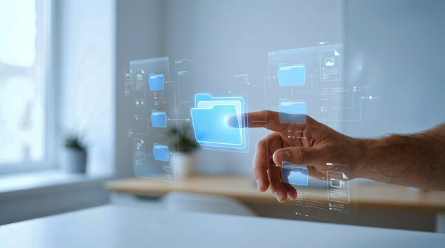 Businessman touching digital file management system, document organization concept, virtual folders interface, data storage, workflow and cloud technology