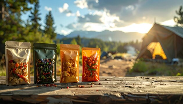 Assorted MRE meal pouches arranged on a wooden surface outdoors with a scenic mountain sunset background, perfect for showcasing survival food variety and outdoor adventure preparedness.