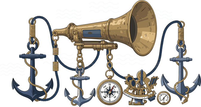 
Vintage Nautical Maritime Decoration Set with Brass Trumpet, Ship Anchors, Compass, and Eagle Emblem 
