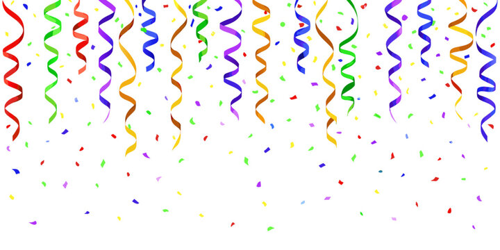 Flat vector confetti and curly streamers raining down from the top on a white background.