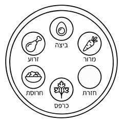 Obraz premium Passover seder plate illustration featuring six traditional ritual symbolic food items depicted in a clean simple black and white line art