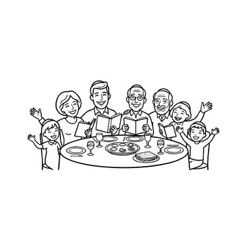 Happy jewish family members are sitting together at a table while reading prayer books during their traditional passover seder dinner