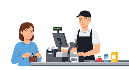 Fototapeta premium A male grocery store cashier scans items at a checkout counter while a female customer reaches for her wallet to pay in a bright retail environment.