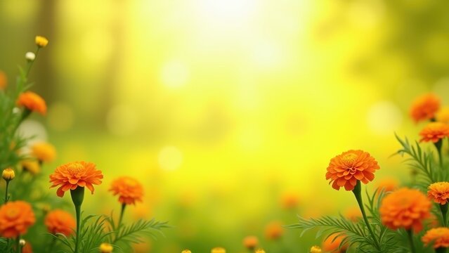 Vibrant spring summer decorative frame mockup with orange marigolds green ferns and yellow accents gently swaying in soft breeze