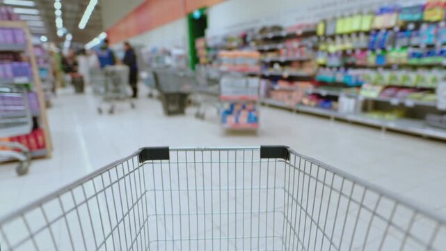 Walk through supermarket with an empty shopping cart. Customer makes purchases, spends money. Black Friday or discount season. Timelapse. Grocery store and sections with goods.