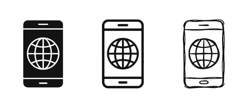 Global Mobile Communication Icon Set - Smartphone with World Globe in Solid, Outline, and Doodle Styles