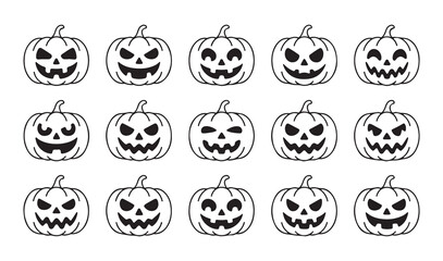 Halloween jack o lantern pumpkin icon set with spooky carved faces for autumn holiday celebration designs. © Farik