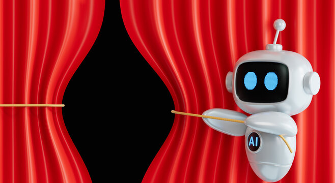 3D illustration of ai robot hands pull rope red cloth. Grand opening concept. Ceremony, celebration. 3D rendering on black Screen for footage and clipping path.