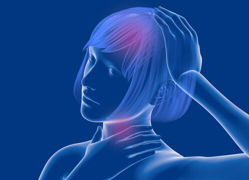 3D illustration of a woman's torso, also showing her hands clutching her throat and head, indicating pain, discomfort, or fever. Transparent graphic style on a blue background.