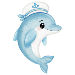 Hand-drawn watercolor cute dolphin wearing a sailor hat illustration © Walaiporn Sangkeaw