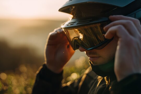 FPV drone pilot adjusting head goggles