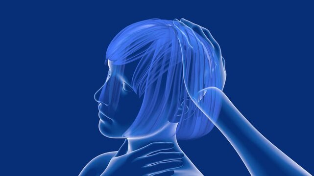 3d animation of a woman's torso, also showing her hands clutching her throat and head, indicating pain, discomfort, or fever. Transparent graphic style on a blue background.