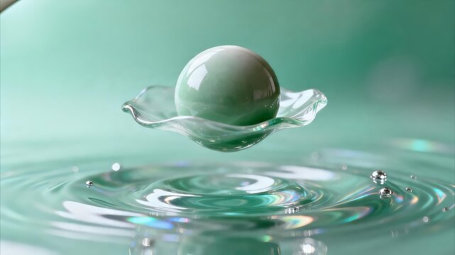 Floating Green Jade Sphere on Glass Fluid Ripple with Abstract Water Splash and Mint Green Background