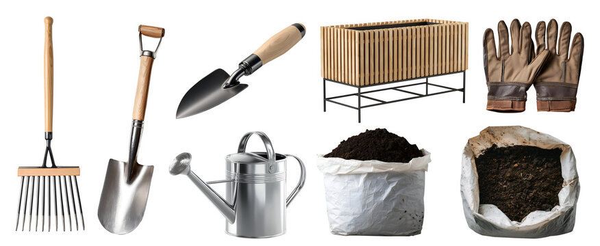 Set of planting farming gardening material checklist kit equipment, rake fork shovel trowel spade, soil fertiliser compost, garden bed, watering can, glove, transparent cutout PNG mockup