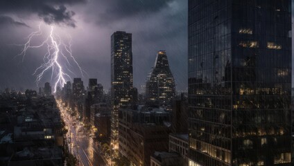 Obraz premium Dramatic Lightning Strike Illuminates City Skyline During Stormy Night.