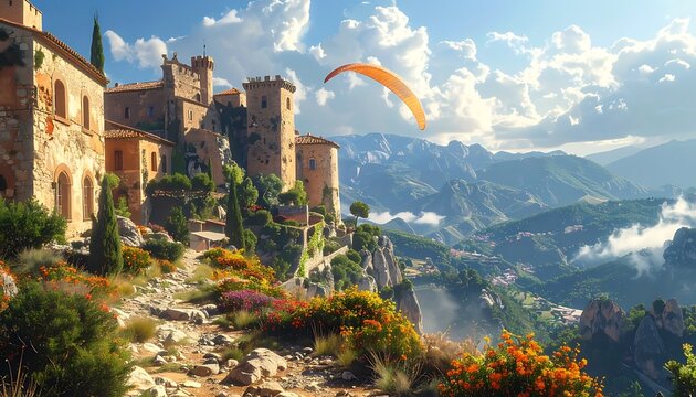 Scenic paraglider over town