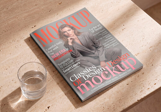 Minimal book mockup on marble table with glass of water