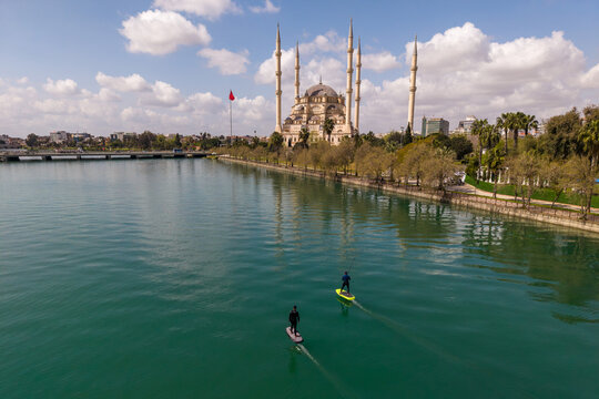 Aerial View of Sabanci Central Mosque and Seyhan River in Adana