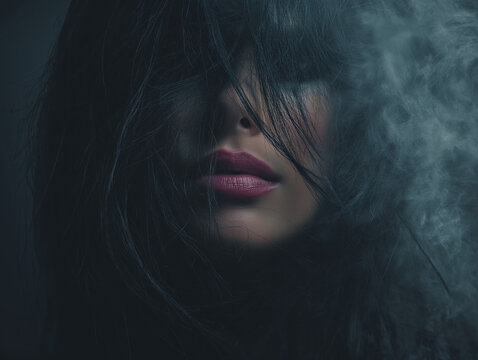 Mysterious Woman Portrait with Long Black Hair and Pink Lips in Dark Smoke