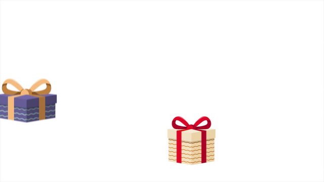 Colorful gift boxes with bows fall from above and move in a line, as if on a conveyor belt. Cartoon animation in flat vector art style