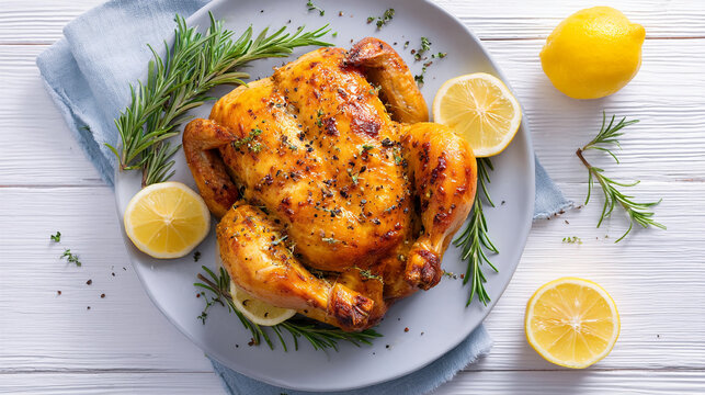 Roasted whole chicken with lemon and rosemary on a plate chicken breast rosemary