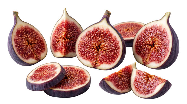Fresh purple figs collection, sliced and halved ripe common fig fruits on white background, organic sweet mediterranean food ingredients