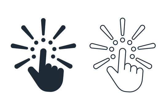 A finger surrounded by exclamation marks. Problem pointer . Vector linear icon isolated on white background.