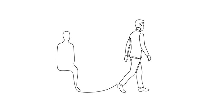 Continuous line art illustration of a man pulling a seated silhouette figure.