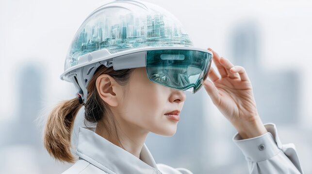 Engineer wearing smart visor representing futuristic construction engineering and augmented reality technology in modern architecture design