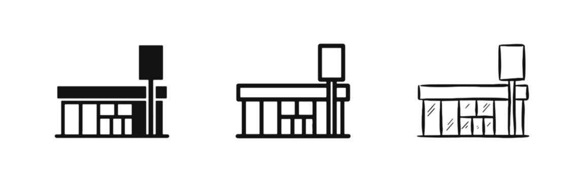 Retail Store Building Icon Set - Shop Front with Signage Outline and Sketch Styles